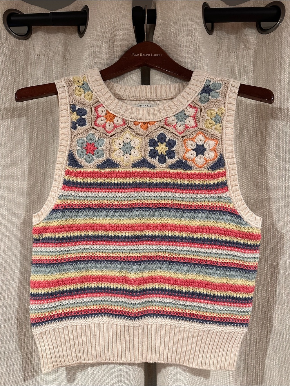 American Eagle Sleeveless Crochet-Accent Striped Knit Top
